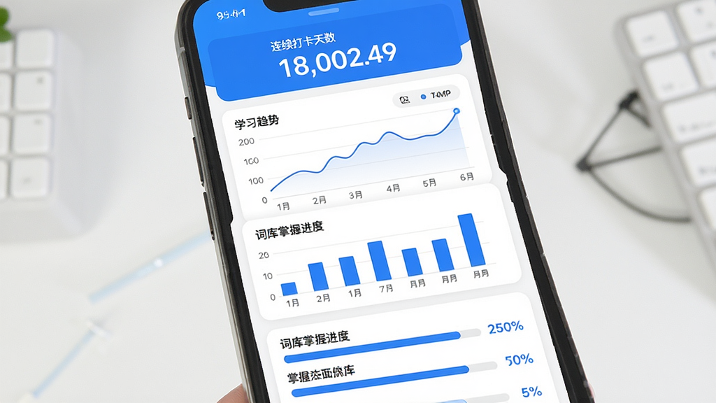 日途背单词学习数据统计页面,主体为手机屏幕展示数据仪表盘,布局为顶部显示连续打卡天数,中部为学习趋势折线图和柱状图,底部为各词库掌握进度条,排版层次分明,风格为现代简约数据面板,细节包括蓝色主色调、白色卡片背景、清晰的数字标注,画质高清,画面干净,无多余元素