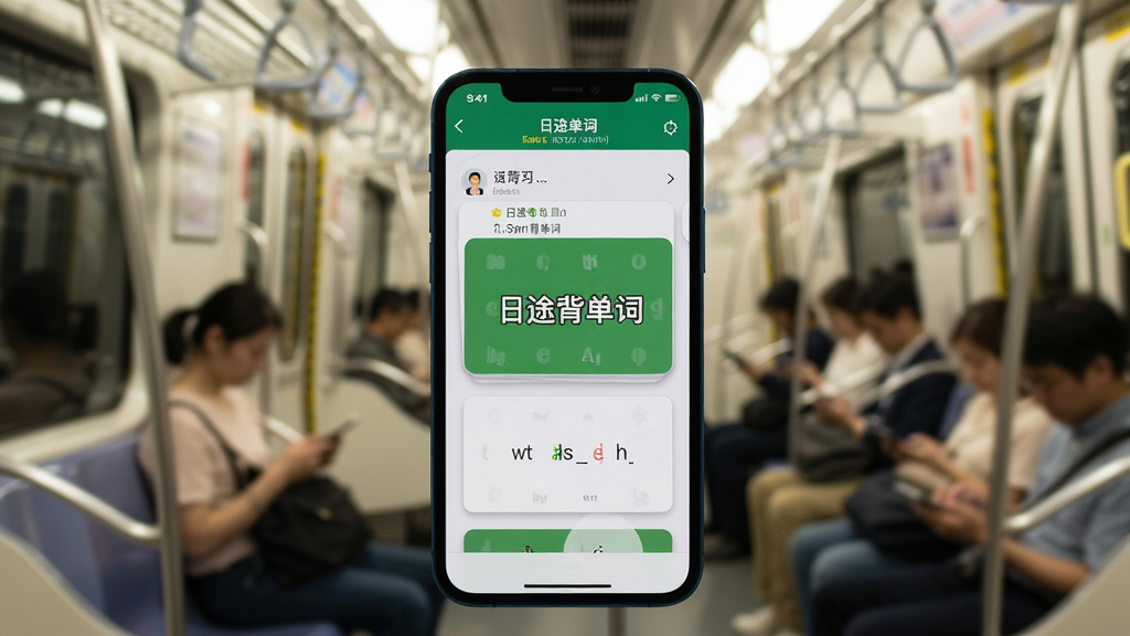 日途背单词离线学习场景图,主体为一部手机在地铁车厢内显示背单词界面,布局为手机屏幕居中,周围环境为模糊的地铁车厢背景,排版突出手机屏幕内容,风格为生活化场景摄影,细节包括手机屏幕清晰显示单词卡片、车厢内柔和灯光、乘客虚化背景,画质高清,画面干净,无多余元素