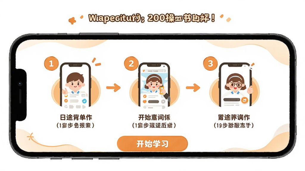 日途背单词新手操作引导界面,主体为手机屏幕展示分步引导页面,布局为顶部欢迎语,中部为三步操作图示配文字说明,底部为开始学习按钮,排版清晰直观,风格为友好活泼的插画风,细节包括温暖的橙色点缀、简洁的图标、清晰的步骤编号,画质高清,画面干净,无多余元素