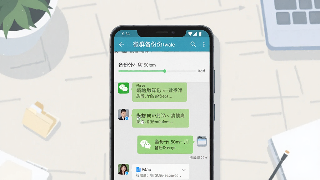 一张展示手机聊天记录备份过程的画面,主体是一部安卓手机屏幕显示聊天记录微群备份软件界面,布局为手机居中放置,背景是简洁的浅色桌面,风格为现代科技感扁平插画,细节包括软件界面上的备份进度条、微信图标、文件夹图标,画质清晰,干净,无多余元素