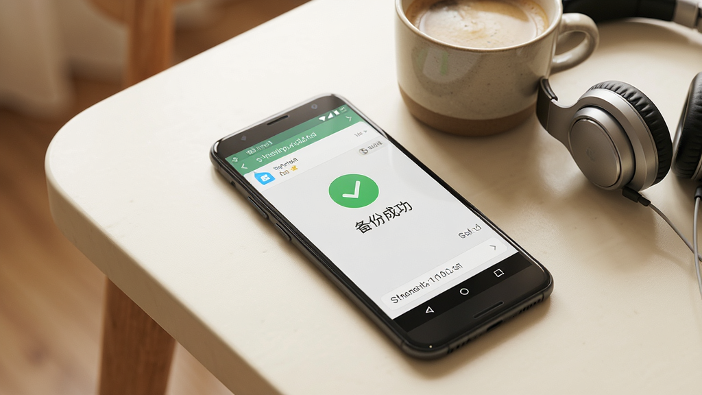 一部安卓手机放在桌面上,屏幕显示聊天记录微群备份的备份完成界面,画面中有绿色的对勾图标和“备份成功”文字,手机旁边有一杯咖啡和耳机,布局为生活化场景,风格为温暖清新的写实风,细节包括手机屏幕上的文件列表和存储路径,画质清晰,干净,无多余元素