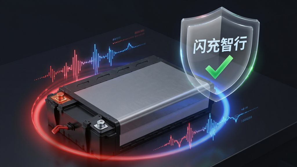 画面主体为一块电动车锂电池组,电池上方悬浮着一个半透明的盾牌形图标,盾牌内显示“闪充智行”文字与绿色对勾。电池周围有红色与蓝色的警示光晕以及数据波动线条,象征安全防护与实时监测。布局采用三分法构图,电池位于左下,盾牌图标位于右上。风格为写实科技风,细节上电池外壳有磨砂质感,盾牌有轻微发光效果。画质清晰,干净,无多余元素。