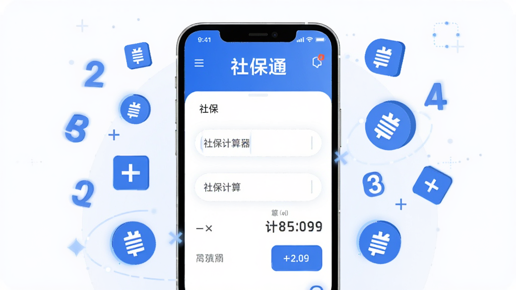 画面展示一个手机界面,上面显示“社保通”社保计算器功能,输入框和计算结果清晰可见,周围漂浮着数字、计算符号和社保图标,整体风格为科技感扁平插画,色调以蓝白为主,布局居中对称,高清画质,干净无多余元素