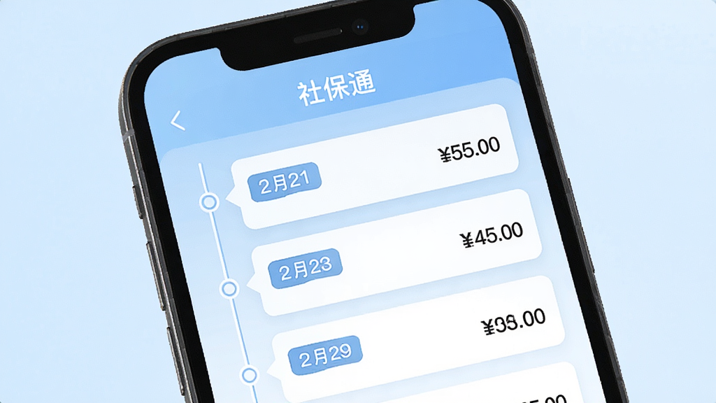 手机屏幕中展示“社保通”缴费记录页面,时间轴排列整齐,每条记录带有月份标签和缴费金额,背景为浅蓝色渐变,页面顶部有“社保通”文字标识,整体采用现代UI设计风格,画面干净整洁,高清画质