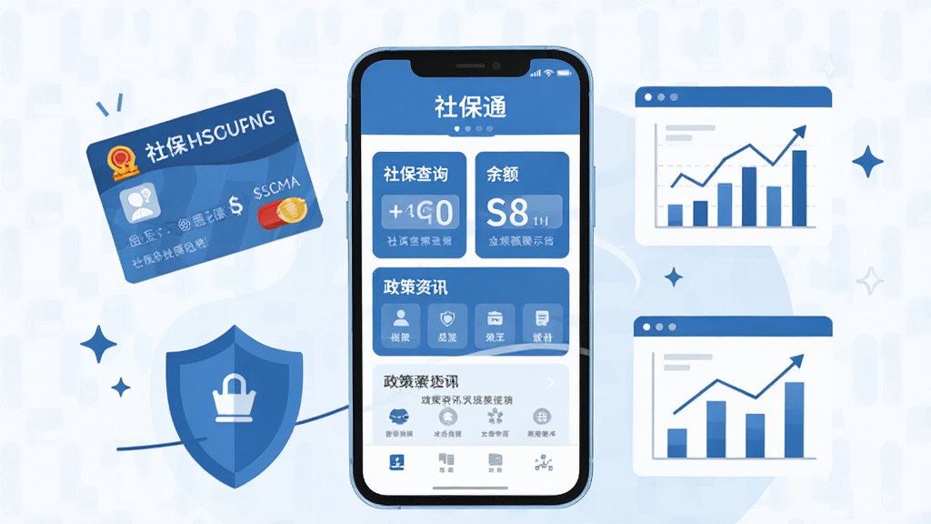 画面中央展示一部智能手机,手机屏幕上显示“社保通”应用界面,界面包含社保查询、余额展示、政策资讯等模块,手机周围环绕社保卡、盾牌、数据图表等元素,整体布局简洁清晰,采用扁平化插画风格,色调以蓝色和白色为主,细节丰富,画质高清,干净无多余元素