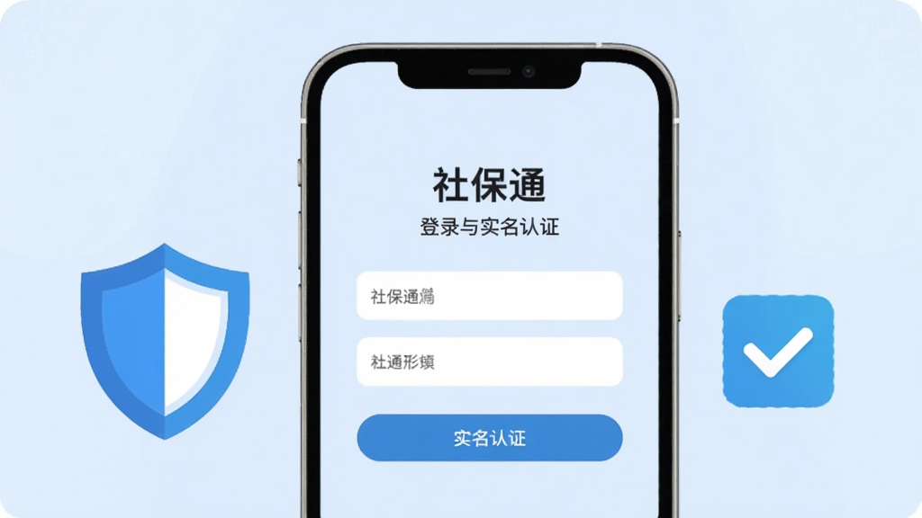 手机屏幕显示“社保通”登录与实名认证页面,界面简洁,有输入框和按钮,背景为淡蓝色,手机旁边有盾牌和勾选图标,整体风格清新扁平,布局居中,高清画质,干净无多余元素