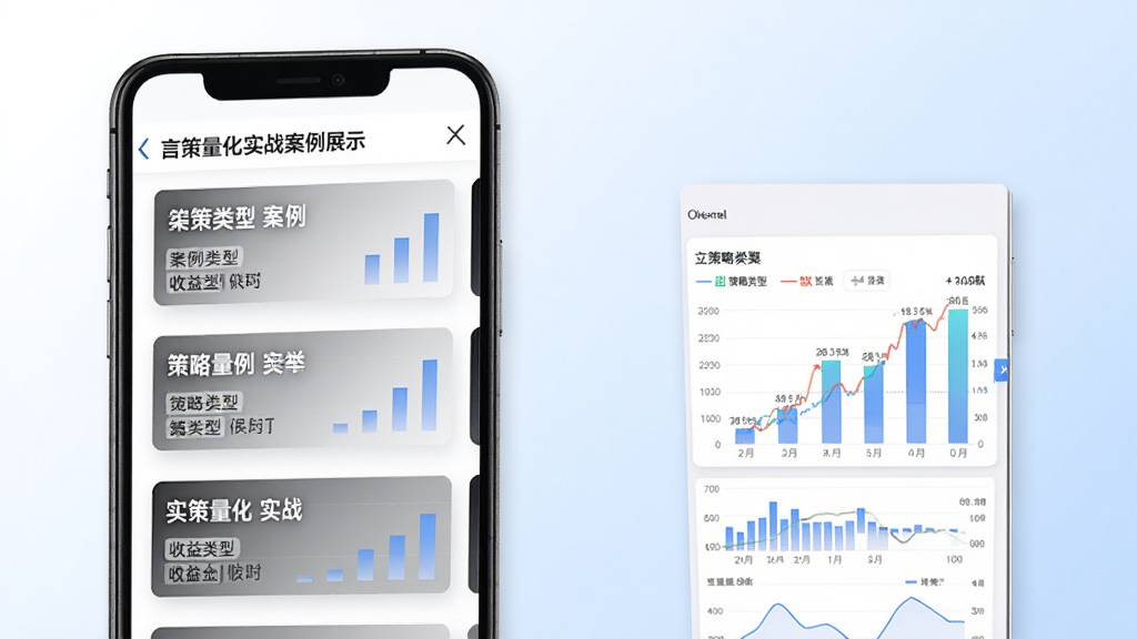 言策量化实战案例展示页面,画面中手机屏幕显示案例列表与详情图表,背景为白色与淡蓝色渐变,布局为纵向滚动式,风格为商务简洁风,细节包括案例标题、策略类型标签、收益柱状图,画质清晰干净,无多余元素