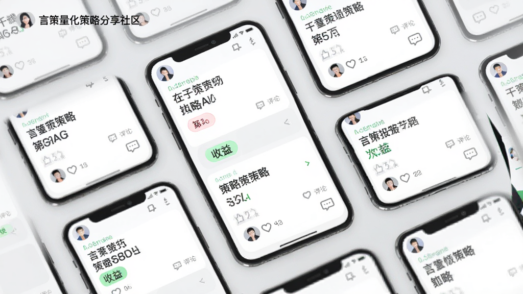 言策量化策略分享社区界面,画面中多部手机排列展示不同策略卡片,卡片上有策略名称与收益标签,背景为浅灰色,布局为网格状,风格为清新简约风,细节包括用户头像、点赞图标、评论气泡,画质清晰干净,无杂乱元素