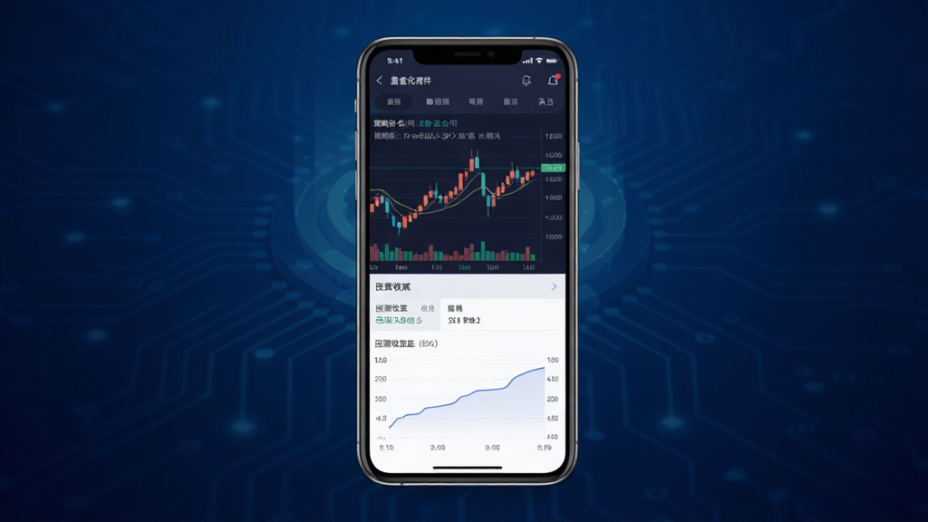 言策量化软件主界面全貌展示,画面中央放置一部智能手机,手机屏幕上显示量化策略走势图与数据面板,背景为深蓝色科技感渐变,布局采用居中构图,风格为现代扁平化UI设计,细节包括K线图、策略名称标签、回测收益曲线,画质清晰干净,无多余元素
