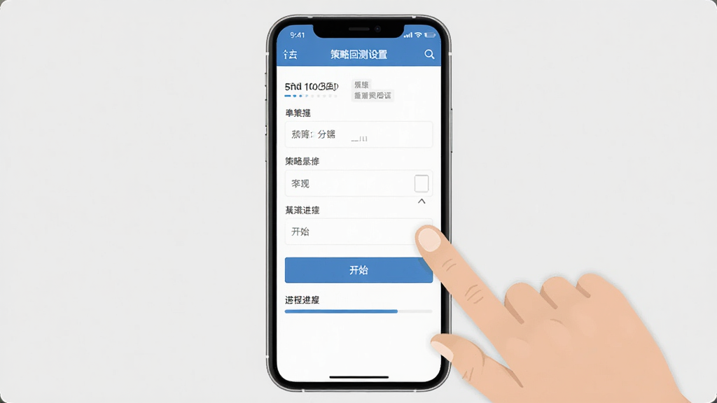 言策量化手机端操作界面截图,画面中一部手机竖屏显示策略回测设置页面,旁边有手指点击屏幕的示意,背景为浅灰色,布局为居中展示,风格为扁平化教程风,细节包括参数输入框、开始按钮、进度条,画质清晰干净,无多余元素