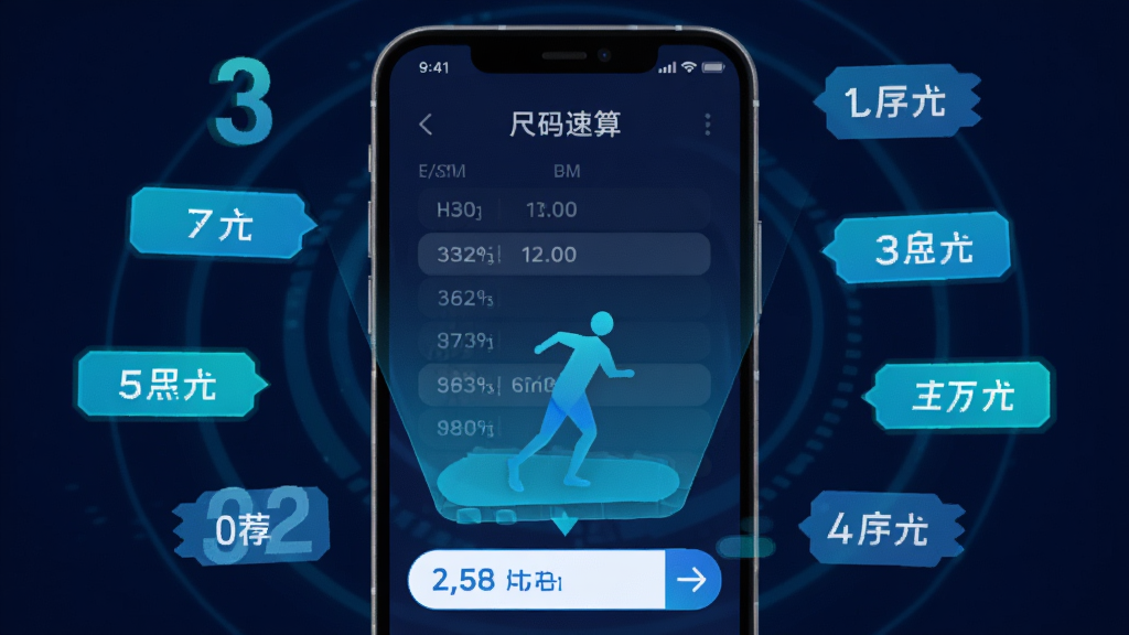 画面展示手机屏幕内输入身高体重数据后弹出推荐尺码的动效定格,屏幕周围环绕数字与尺码标签,风格科技感十足,配色以深蓝和青色为主,画面整洁,图中包含文字
