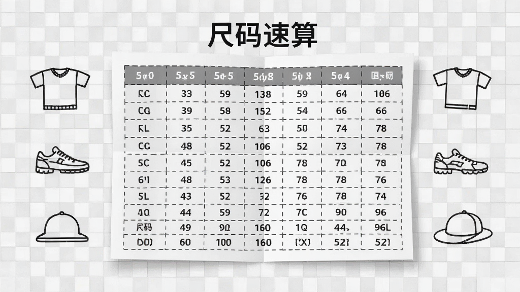 画面中央为一张展开的尺码对照表,表格行列分别标注不同国家尺码标准,旁边有衣服、鞋子、帽子的简笔图标,背景为浅灰色网格,风格简约商务,细节清晰,画质干净,图中包含文字