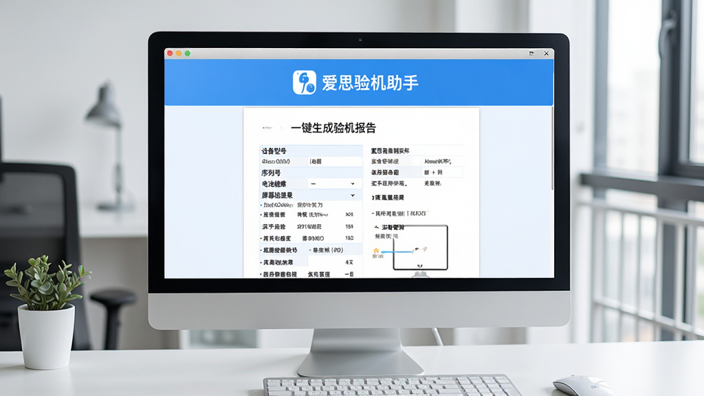 爱思验机助手软件界面展示一键生成验机报告的功能,画面中电脑屏幕上显示一份完整的验机报告文档,报告顶部有爱思验机助手的Logo,文档内包含设备型号、序列号、电池健康、屏幕检测结果等多项数据,界面简洁清晰,蓝白配色,背景为办公桌面环境,画面干净整洁,画质高清。