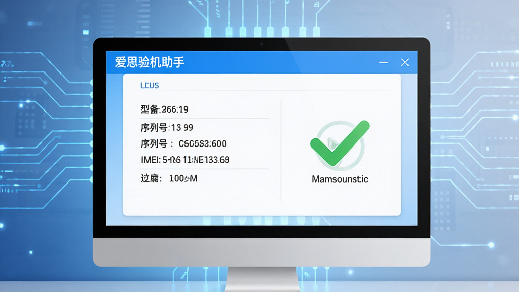 爱思验机助手软件界面展示设备信息真伪鉴别功能,画面中电脑屏幕上显示设备型号、序列号、IMEI码等信息,旁边有绿色对勾标识表示信息一致,界面采用简洁的蓝白配色,背景为科技感线条装饰,画面干净整洁,画质高清。