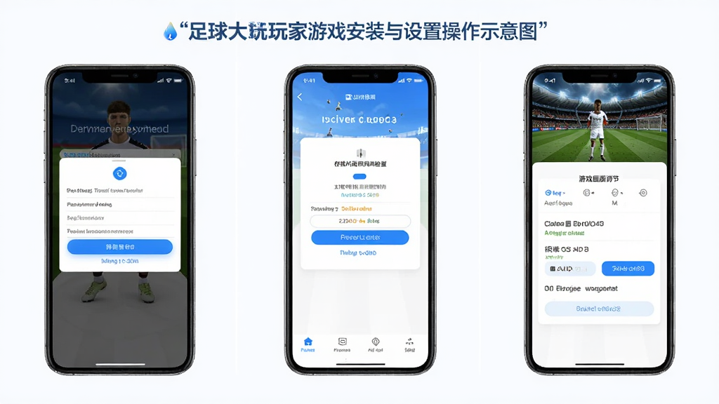 足球大玩家游戏安装与设置操作示意图,画面中展示手机屏幕上的权限设置界面、存储空间检查界面和游戏画质调节选项,布局分三格并列展示,风格简洁明快,色调以白色和蓝色为主,画质高清,干净无多余元素
