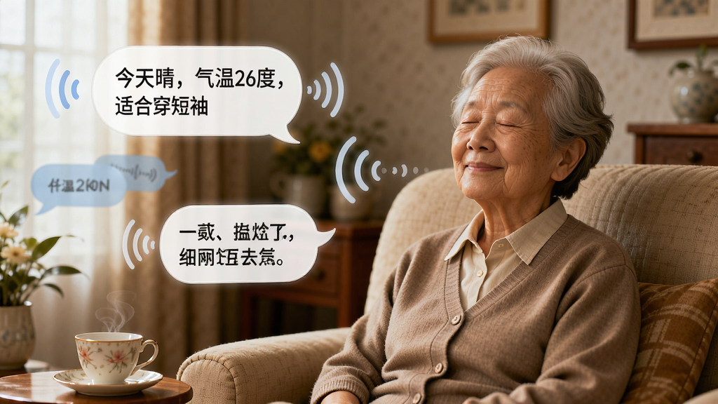 画面主体是一位老年用户坐在客厅沙发上,闭着眼睛,面带微笑,旁边放着一个茶杯。空气中飘浮着几个带有声波符号的对话气泡,气泡内写着“今天晴,气温26度,适合穿短袖”等文字。画面风格为温暖的居家写实风,光线柔和,画质细腻,强调声音传播的具象化表现,无多余杂乱元素。