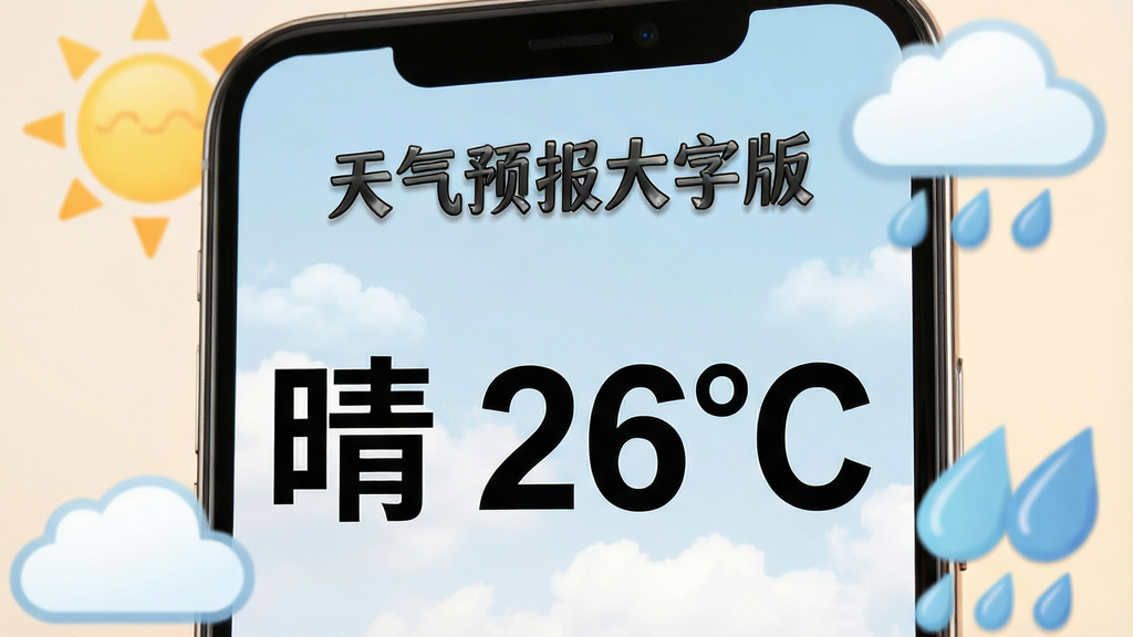 画面主体为一部智能手机,手机屏幕占据画面中心位置,屏幕内清晰展示着“天气预报大字版”的界面,界面中“晴 26℃”字样极其硕大醒目,背景为柔和的淡蓝色天空与白云。手机周围环绕着几个放大的天气图标,如太阳、云朵和雨滴。整体布局简洁明了,采用温馨明亮的写实风格,细节上强调字体的粗壮与清晰,画质高清,干净且无多余元素。