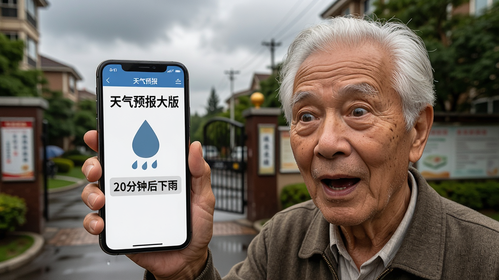 一张生活化的场景图,一位头发花白的老人正拿着手机站在小区门口,手机屏幕上显示着“天气预报大字版”的界面,界面上有一个明显的雨滴图标和“20分钟后下雨”的提示文字。老人脸上露出恍然大悟的表情。背景是阴沉的天空和街道,画面风格温馨写实,画质高清,细节上强调手机屏幕内容的可读性。