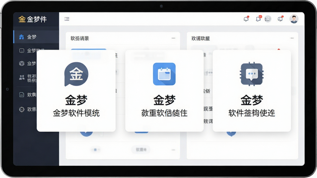 一张软件功能展示图,画面主体为金梦软件的功能模块界面,布局为横向排列三个功能卡片,排版整齐,风格为扁平化设计,细节包括卡片内图标和文字说明“金梦”,画质高清,干净,无多余元素
