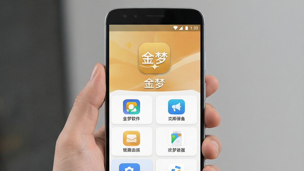 一张手机应用界面展示图,画面中央是金梦软件的启动图标和主界面,主体为一部手持安卓手机,布局为竖屏展示,排版简洁清晰,风格为现代科技感,细节包括手机边框、屏幕内显示金梦应用的功能模块图标和欢迎语“金梦”,画质高清,干净,无多余元素