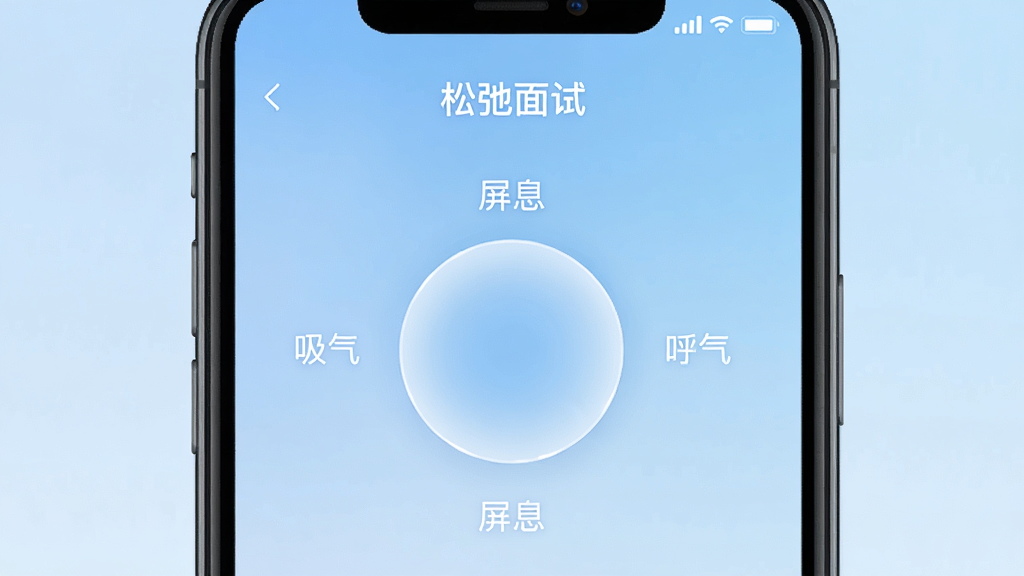 一张展示手机屏幕的图片,屏幕中显示“松弛面试”APP的呼吸放松界面,中央有一个缓慢放大缩小的圆形动画,周围有“吸气”“屏息”“呼气”的文字提示,背景是柔和的渐变蓝色,整体风格宁静舒缓,画质清晰,干净,无多余元素