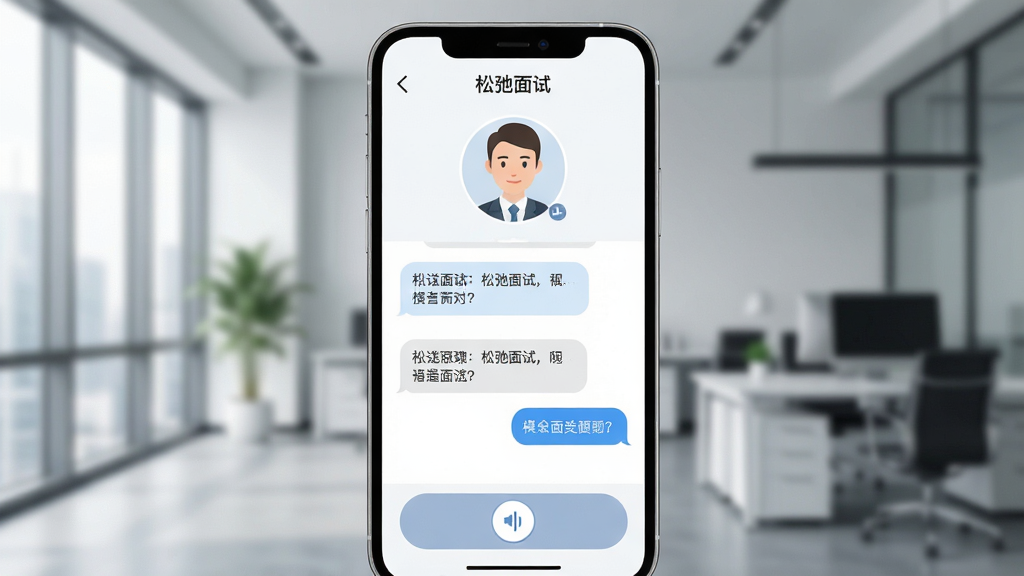 一张展示手机屏幕特写的图片,屏幕中显示“松弛面试”APP的模拟面试对话界面,上方有一个虚拟面试官头像,下方是聊天气泡形式的问题和回答区域,界面底部有语音输入按钮,背景是模糊的现代办公室场景,风格简洁商务,画质清晰,干净,无多余元素