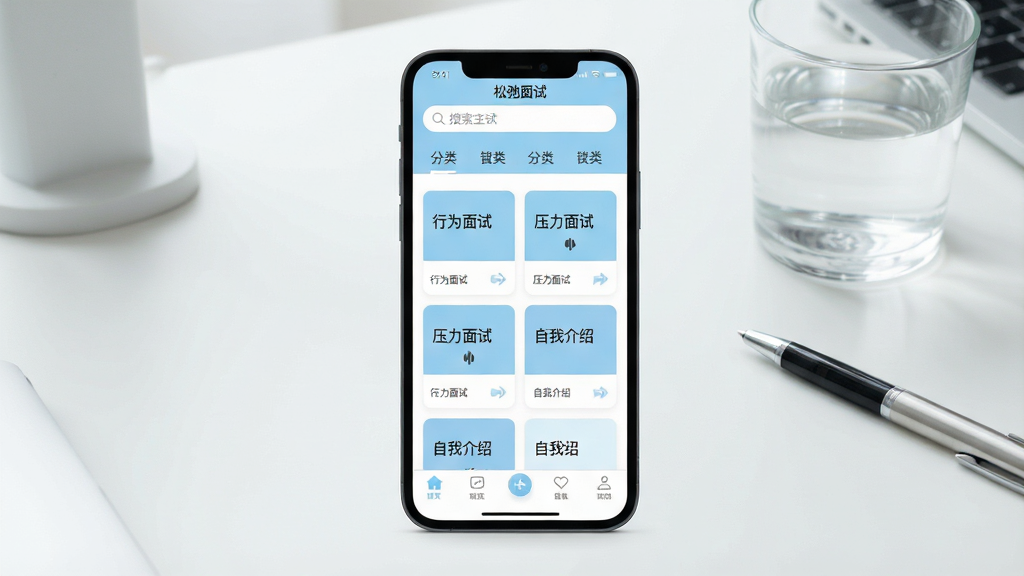 一张展示手机屏幕的图片,屏幕中央显示“松弛面试”APP主界面,界面以浅蓝和白色为主色调,顶部有搜索框和分类标签,中间排列着多个面试练习卡片,卡片上标注“行为面试”“压力面试”“自我介绍”等字样,底部有导航栏,背景是简洁的办公桌面,桌面上放着一杯水和一支笔,整体风格清新柔和,画质清晰,干净,无多余元素