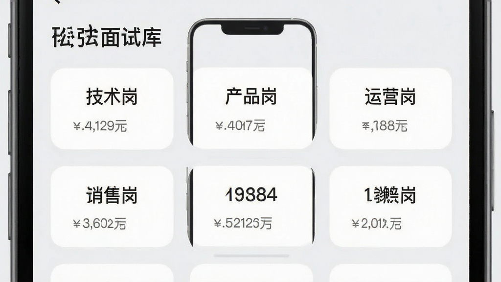 一张展示手机屏幕的图片,屏幕中显示“松弛面试”APP的题库分类页面,页面以网格形式排列着“技术岗”“产品岗”“运营岗”“销售岗”等分类标签,每个标签下方有题目数量提示,背景是浅灰色,风格简约清爽,画质清晰,干净,无多余元素