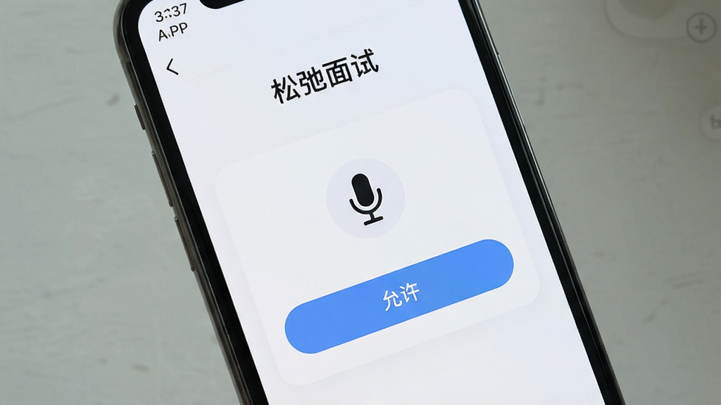 一张展示手机屏幕的图片,屏幕中显示“松弛面试”APP的权限设置引导页面,页面上有麦克风图标和“允许”按钮,背景是浅色界面,风格简洁明了,画质清晰,干净,无多余元素