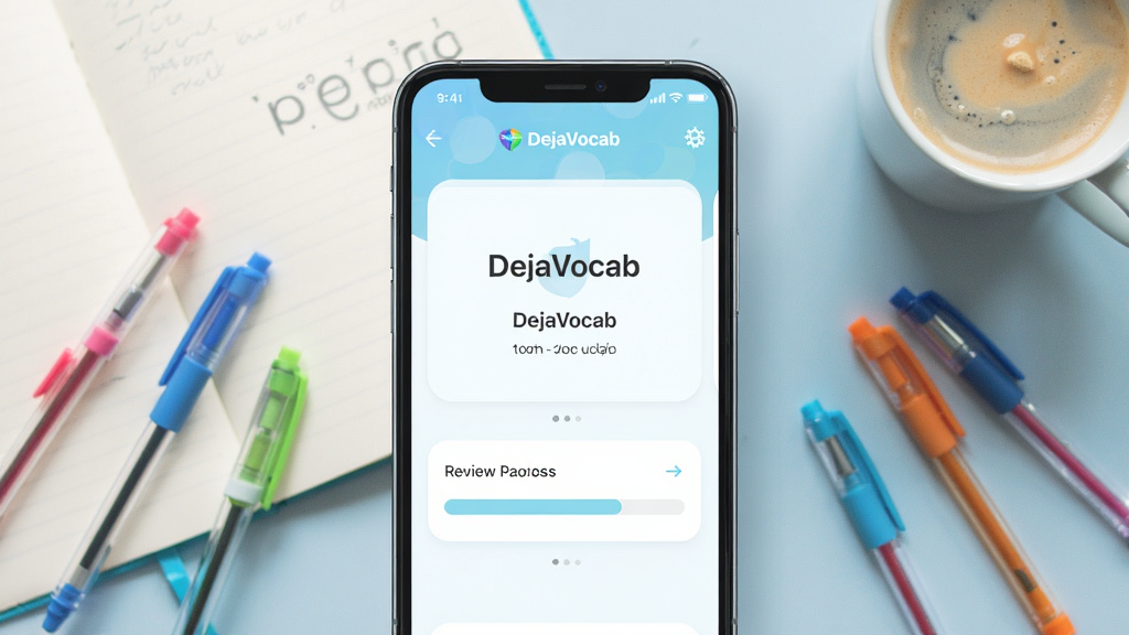 一张展示DejaVocab单词记忆应用的手机界面预览图,画面中央是一部现代智能手机,屏幕上显示着单词卡片和复习进度条,背景是干净的书桌和一本打开的笔记本,周围散落着几支彩色圆珠笔和一杯咖啡。整体风格清新明亮,采用浅蓝色和白色为主色调,构图居中对称,细节丰富,画质高清,画面干净无多余元素。