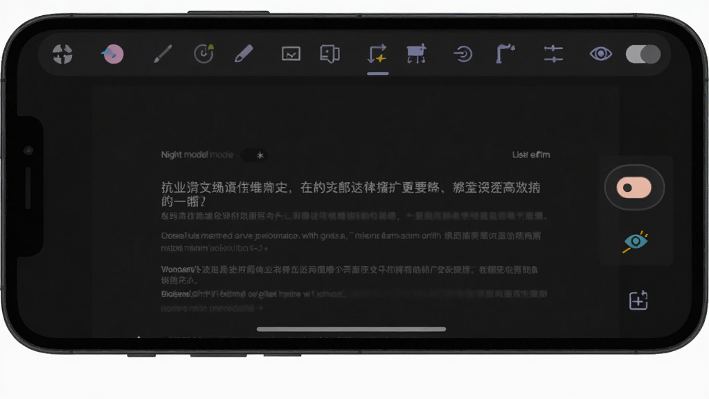 WP手机文档编辑夜间模式界面图,画面展示手机屏幕处于深色背景状态,文档文字为浅灰色,工具栏图标为柔和色调,布局为全屏展示,风格为暗黑简约,细节包括夜间模式切换按钮和护眼标识,画质高清,干净,无多余元素