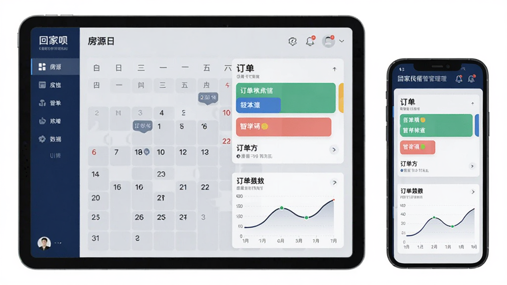 回家呗智慧民宿管理界面,画面展示平板电脑与手机并排显示,屏幕内呈现房源日历、订单卡片与数据图表,布局采用左右分栏,风格现代简约,色调以深蓝与浅灰为主,细节包括日历上的日期标记、订单状态色块、折线图走势,画质清晰,无多余元素