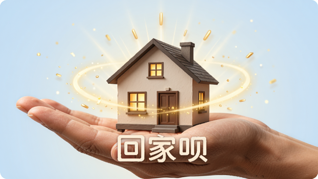 回家呗三年免佣宣传图,画面主体为一只手掌托起一座小房子,房子周围环绕金色光芒,背景为淡蓝色渐变,布局居中,风格温暖商务,细节包括房子窗户透出暖光、手掌纹理清晰,画质干净,无多余元素,画面中打文字“回家呗”
