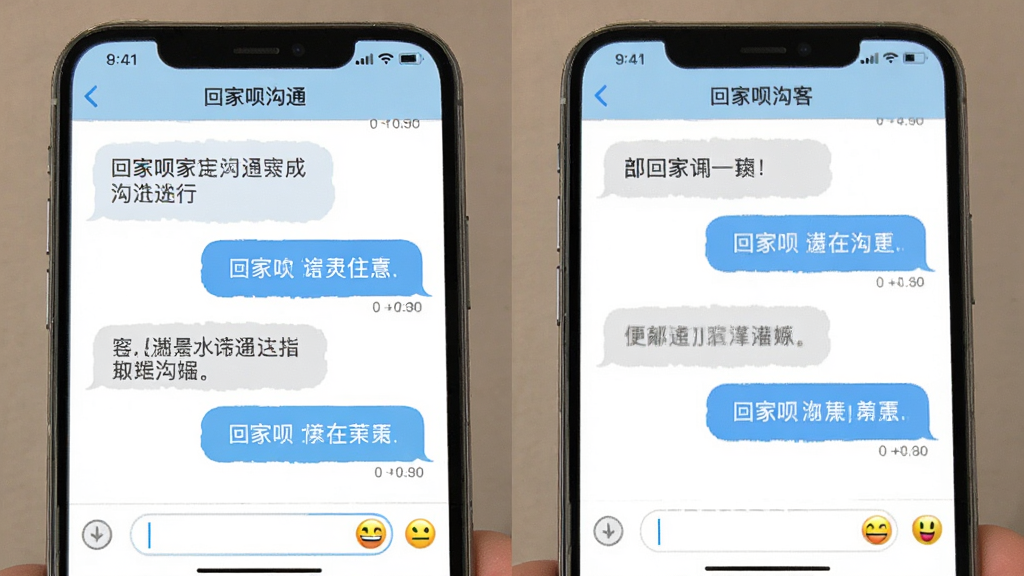 回家呗住客沟通界面,画面展示两部手机之间消息气泡往来,布局为对话列表形式,风格轻松友好,色调以浅蓝与白色为主,细节包括文字气泡、时间戳、输入框、表情图标,画质干净,无多余元素