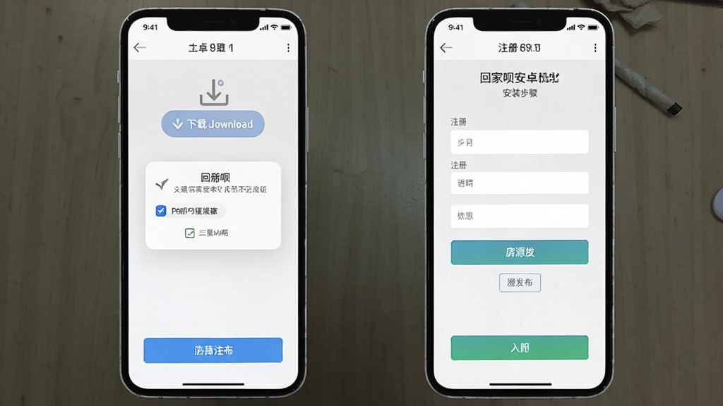 回家呗安卓手机安装步骤示意图,画面为手机屏幕截图风格,展示从下载到注册的四个步骤界面,布局为纵向排列,风格简洁教程风,色调以白色与浅灰色为主,细节包括下载按钮、权限弹窗、注册表单、房源发布入口,画质清晰,无多余元素
