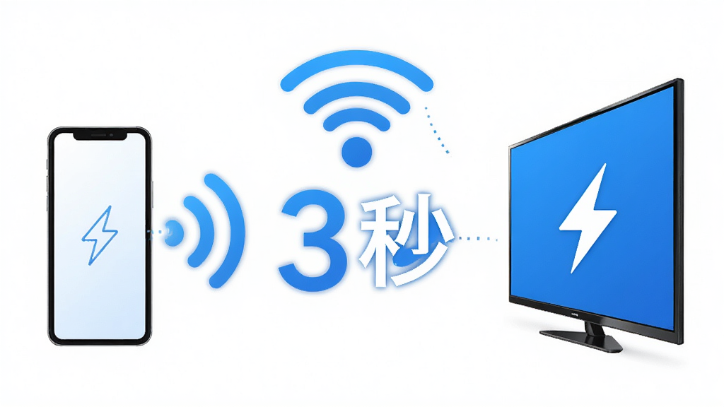光手机投屏无线连接示意图,主体为手机与电视之间通过WiFi信号图标相连,布局为居中对称,排版突出连接速度数字“3秒”,风格为简约科技蓝白配色,细节包括信号波纹、设备图标、闪电连接符号,画质高清,干净无多余元素