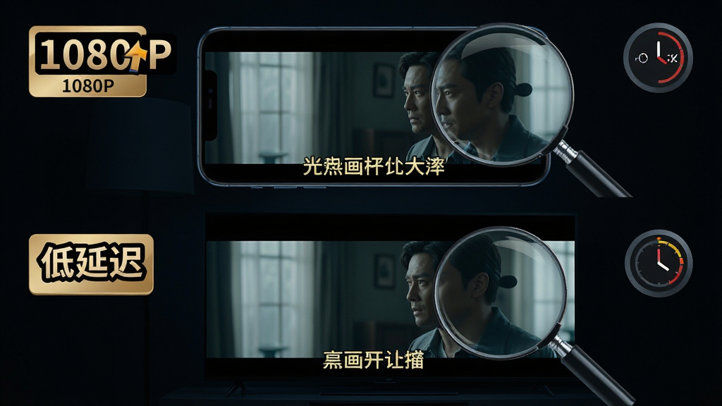 光手机投屏高清画质对比图,主体为手机屏幕与电视屏幕同步显示同一部电影画面,布局为上下排列,排版突出“1080P”和“低延迟”文字标识,风格为影院级暗色背景搭配亮色字幕,细节包括画面细节放大镜效果、延迟计时器图标,画质超清,干净无多余元素