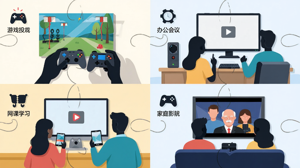 光手机投屏多场景使用拼图,主体为四个分屏画面分别展示游戏投屏、办公会议、网课学习、家庭影院场景,布局为2x2网格排列,排版每格配有场景图标和简短标签,风格为明亮扁平插画风,细节包括人物剪影、设备图标、场景文字,画质清晰,干净无多余元素