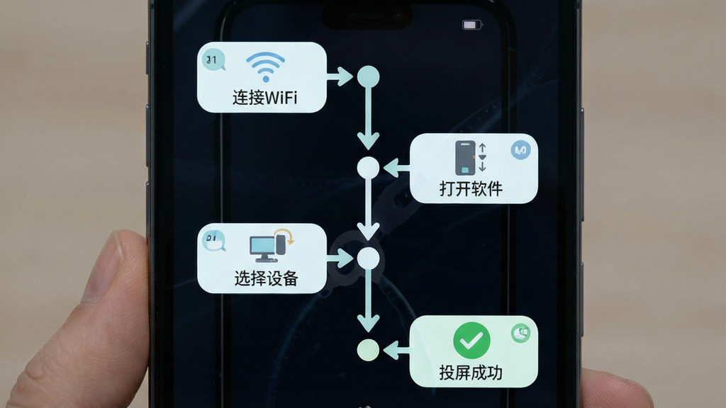 光手机投屏新手操作流程图,主体为手机屏幕显示投屏步骤分解,布局为纵向时间轴排列,排版包含“连接WiFi”“打开软件”“选择设备”“投屏成功”四个节点,风格为清新浅色扁平化,细节包括步骤编号、箭头引导、成功对勾图标,画质高清,干净无多余元素