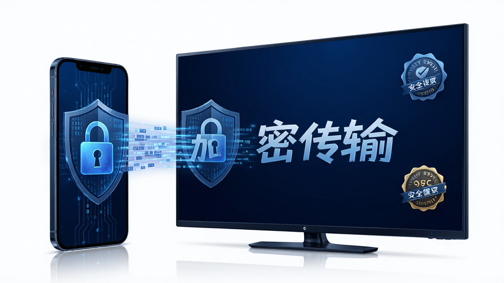 光手机投屏安全防护概念图,主体为手机和电视之间有一面盾牌图标保护数据流,布局为居中构图,排版突出“加密传输”字样,风格为深蓝色科技感,细节包括锁形图标、数据流光线、安全认证徽章,画质锐利,干净无多余元素