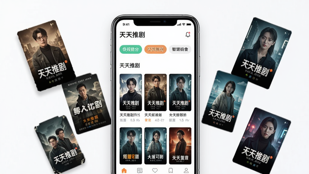 一部竖屏手机展示天天推剧App的短剧分类页面,画面中手机屏幕内呈现多个短剧分类标签与剧集封面网格,手机两侧漂浮着不同题材的短剧海报元素,整体布局为手机居中、元素环绕,风格为清爽明亮的扁平化UI展示风格,细节上包含“天天推剧”文字与分类标签,画质高清,画面干净,无多余元素