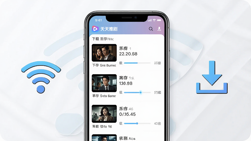 一部手机展示天天推剧App的离线缓存管理界面,手机屏幕内显示已下载的短剧列表与下载进度条,手机旁边有一个WiFi信号图标与下载箭头图标,整体布局为手机居中、图标点缀两侧,风格为简约科技感UI展示风格,细节上包含“天天推剧”文字与缓存列表,画质高清,画面干净,无多余元素