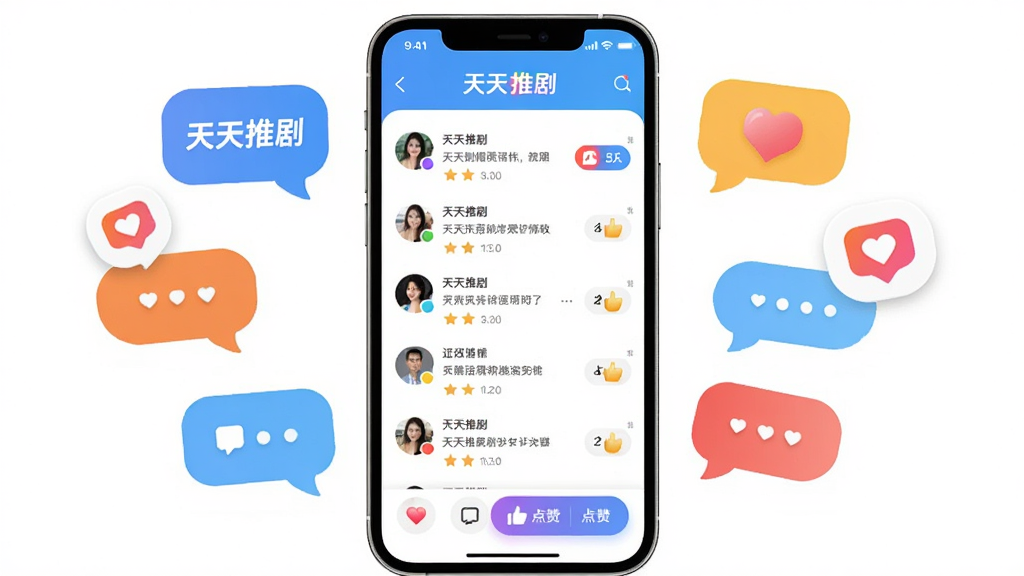 一部手机展示天天推剧App的社区互动界面,手机屏幕内显示用户评论列表与点赞按钮,手机周围漂浮着对话气泡与爱心图标,整体布局为手机居中、气泡环绕,风格为活泼社交化UI展示风格,细节上包含“天天推剧”文字与互动元素,画质高清,画面干净,无多余元素