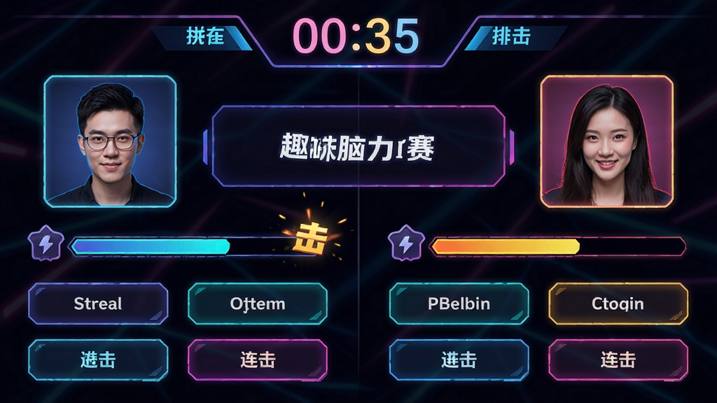 主体为趣味脑力赛实时对战界面,布局为左右分屏展示两位玩家头像和答题进度条,排版上方显示倒计时中间为题目下方为选项按钮,风格为竞技感强烈的深色主题搭配霓虹光效,细节包括比分数字、连击特效、排名标识,画质高清干净无多余元素