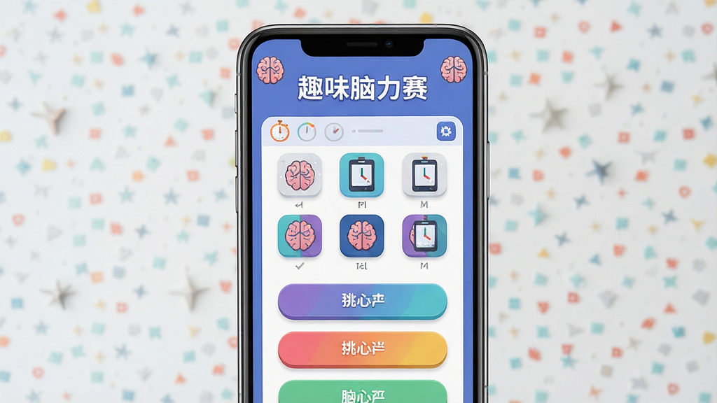 主体为一部智能手机屏幕展示趣味脑力赛软件界面,布局采用居中构图手机竖屏展示,排版为屏幕上方显示软件名称趣味脑力赛下方展示答题界面和多个脑力挑战图标,风格为现代扁平化科技感,细节包括彩色答题按钮、计时器元素、大脑图标装饰,画质高清干净无多余元素