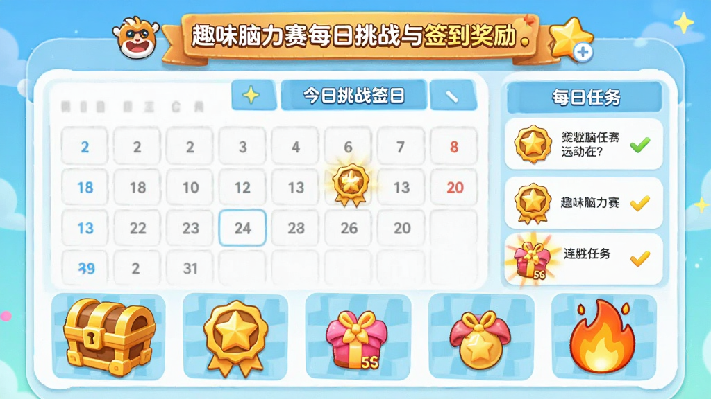 主体为趣味脑力赛每日挑战与签到奖励界面,布局为居中展示日历签到面板和每日任务列表,排版上方显示今日挑战标题中间为签到格子下方为奖励图标,风格为清新明亮的卡通休闲风格,细节包括金色宝箱、星星徽章、连胜火焰图标,画质高清干净无多余元素
