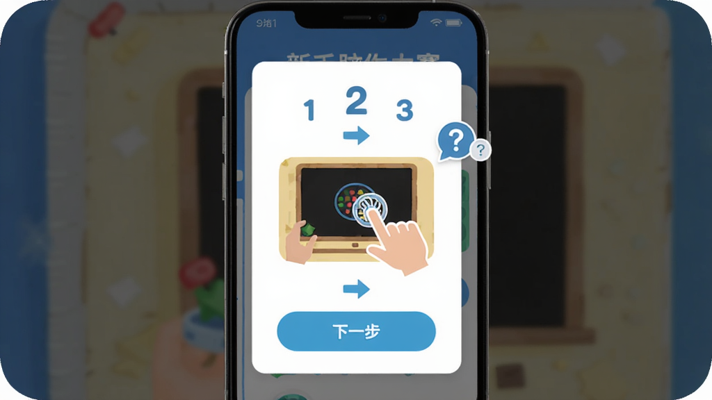 主体为趣味脑力赛新手操作引导界面,布局为手机屏幕展示分步教程弹窗,排版上方为步骤序号中间为操作示意下方为下一步按钮,风格为简洁明快的扁平化设计,细节包括手指点击图标、箭头指引、问号提示气泡,画质高清干净无多余元素