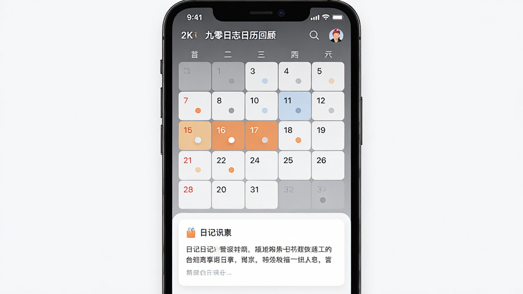 一张展示九零日志日历回顾功能的示意图,主体是手机屏幕显示月历视图,日期格子内有小圆点标记,布局为居中展示,排版为上下结构,风格为扁平化设计,细节包括高亮选中的日期和下方的日记摘要卡片,画质为高清2K,画面干净整洁。
