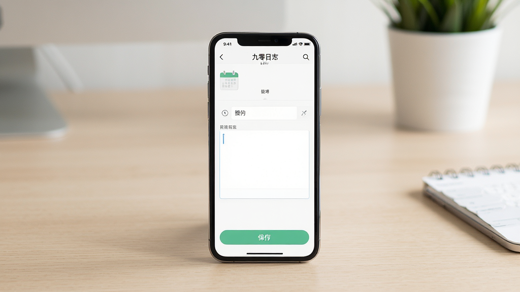 一张展示九零日志手机应用界面的场景图,主体是一部竖屏智能手机,屏幕显示九零日志的日记编辑页面,背景是干净整洁的浅色桌面,布局居中,排版为手机正面展示,风格为简约清新科技感,细节包括日历图标、文字输入框和保存按钮,画质为高清1080P,画面干净无多余元素。