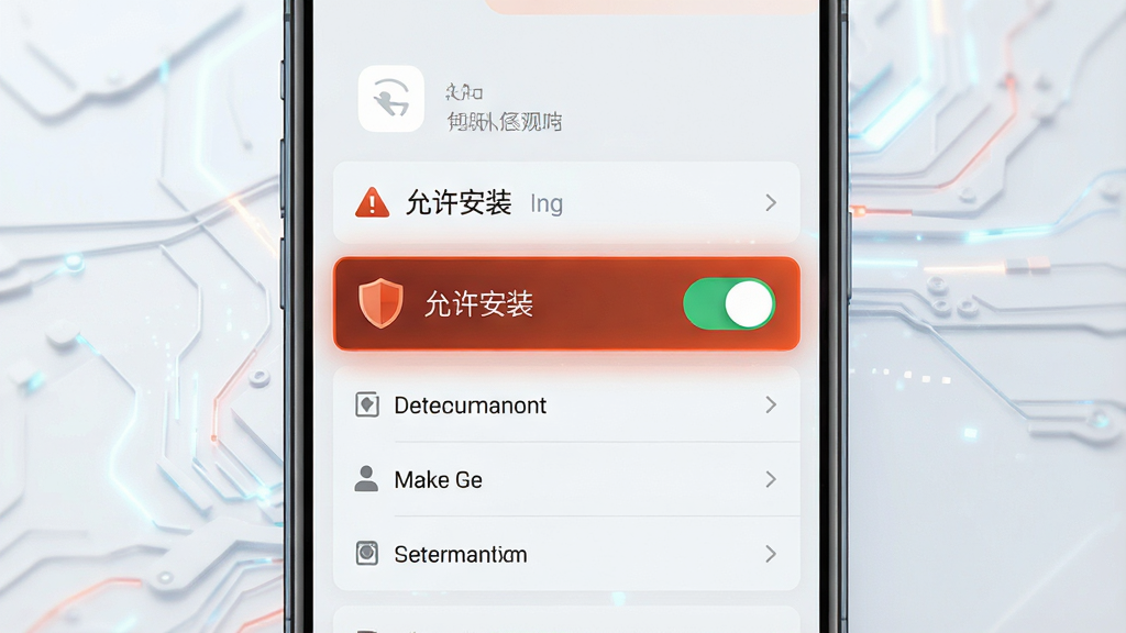 一张展示手机安全设置界面的示意图,主体是手机屏幕显示权限管理页面,布局为居中展示,排版为纵向列表,风格为科技感与警示色调,细节包括高亮的“允许安装”开关和盾牌图标,画质为高清1080P,画面干净无多余元素。